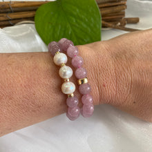 Load image into Gallery viewer, Rose Quartz Pearl Bracelet pair worn together on model’s wrist – stacked look
