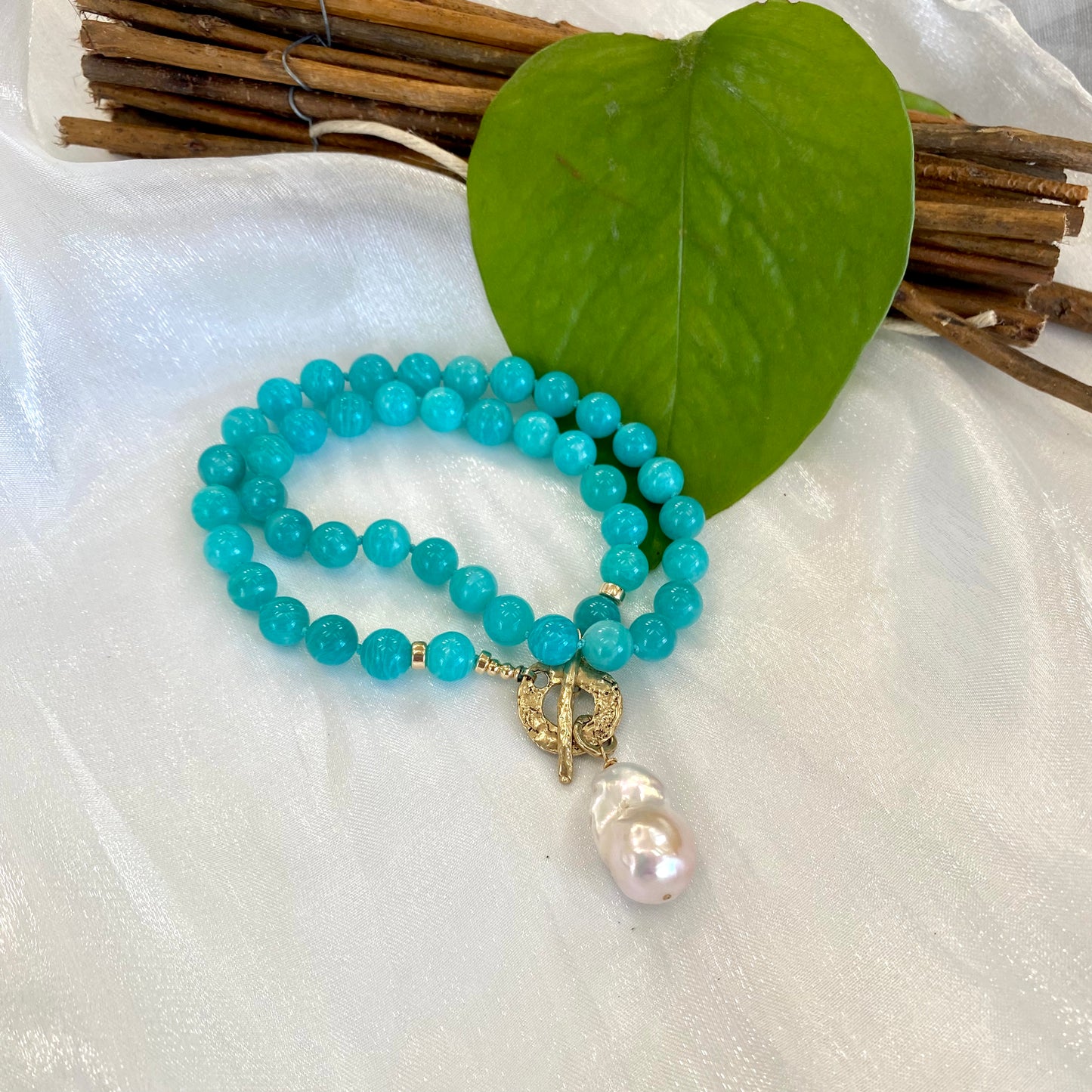 Blue Amazonite & White Baroque Pearl Necklace