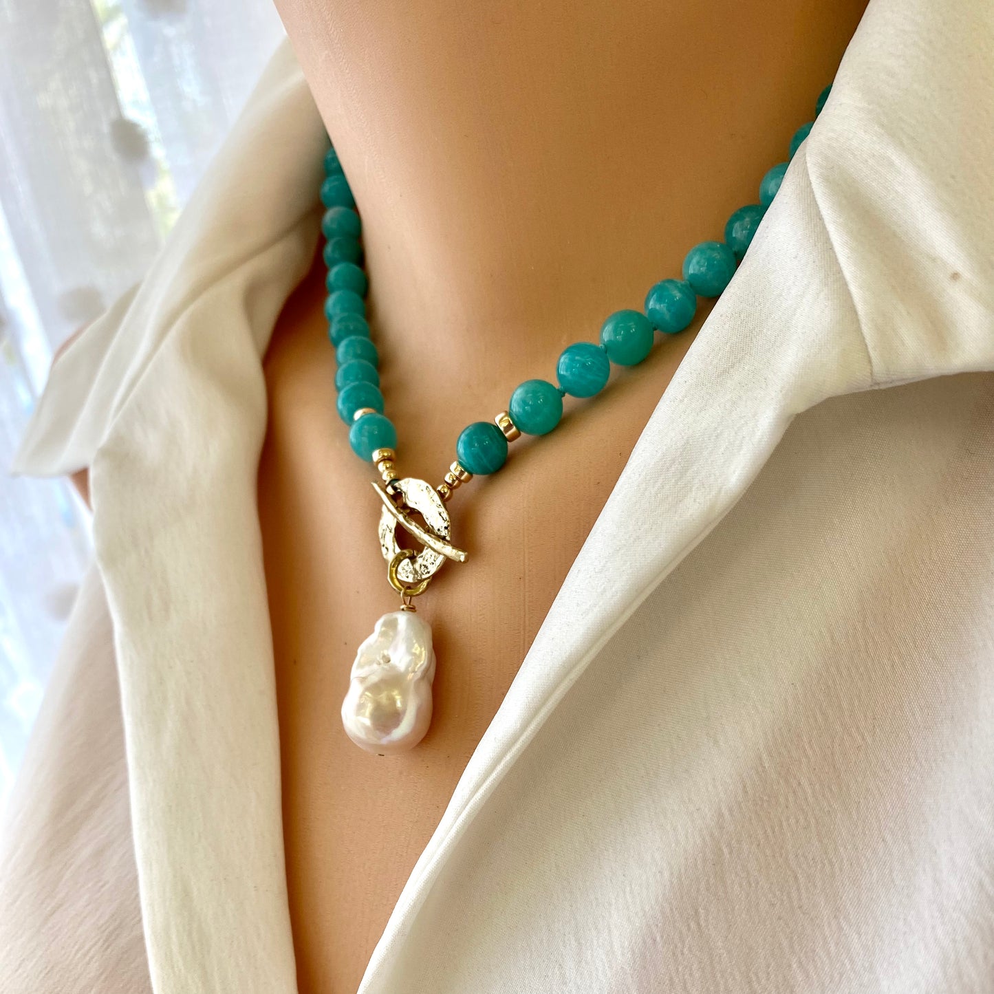 Blue Amazonite & White Baroque Pearl Necklace