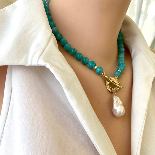 Blue Amazonite & White Baroque Pearl Necklace