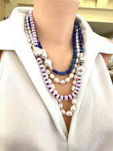 Load image into Gallery viewer, Side view of lapis lazuli opal agate pearl necklace on mannequin — elegant artistic gemstone design by Loulia Pearl Jewelry
