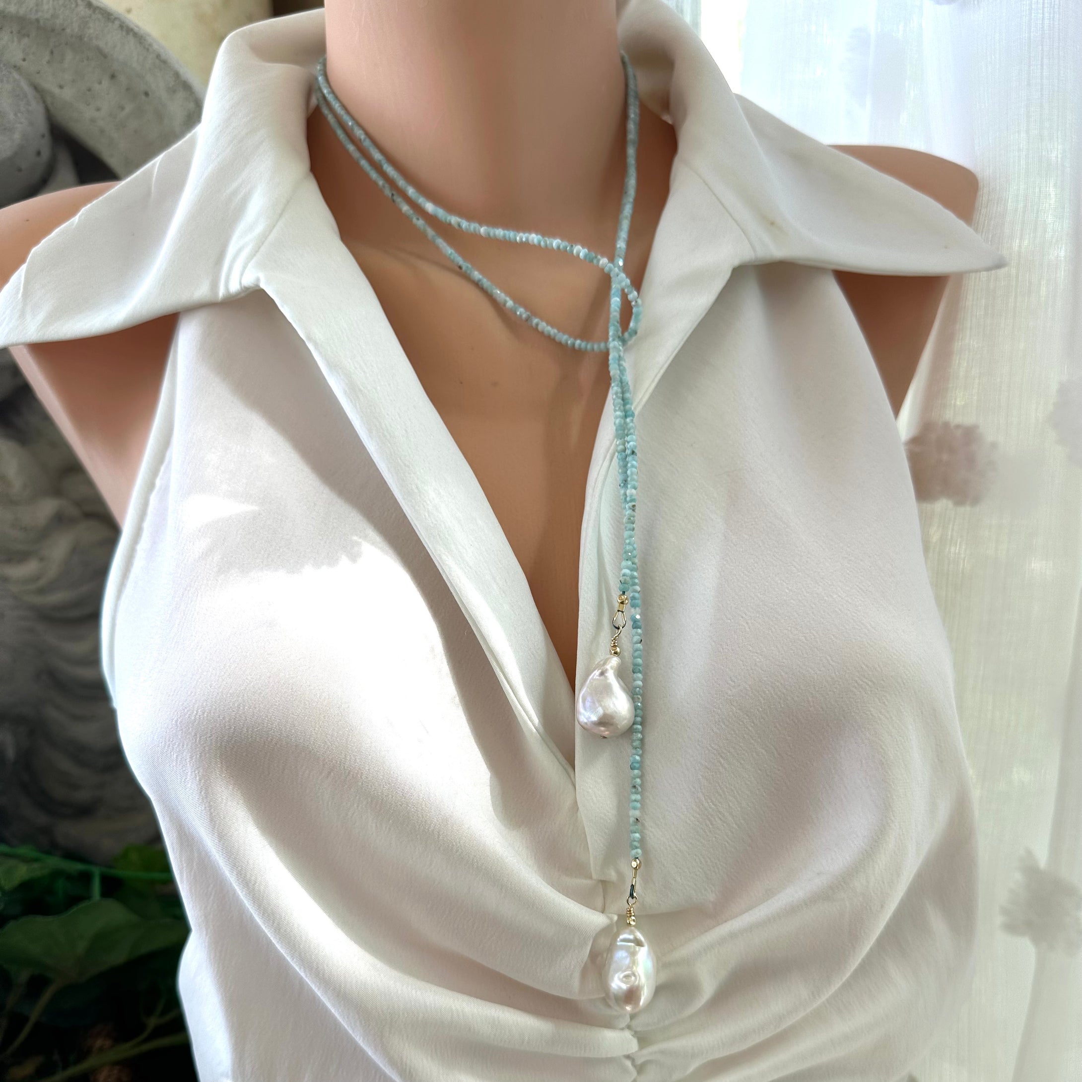 Single Strand of Blue Larimar & Baroque Pearl Long Lariat Necklace