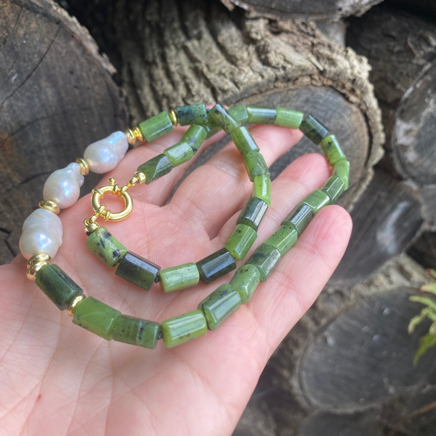 Canadian jade pearl necklace showing natural green jade tones and pearl details
