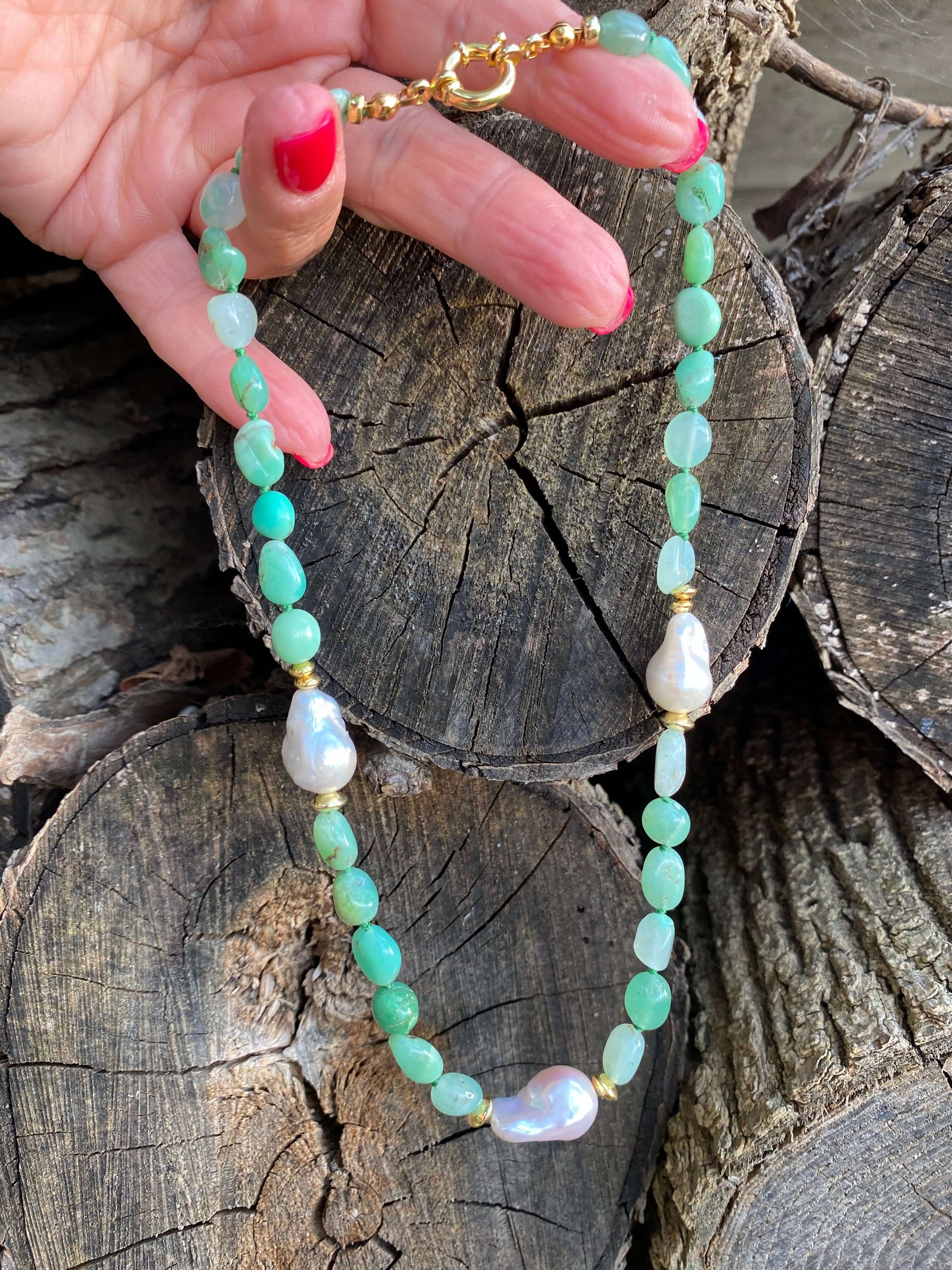 Hand Knotted shaded Apple Green Chrysoprase nugget beads & 3 Baroque Pearls Necklace,  Gold Vermeil Plated Silver separation beads and marine clasp, 17"inches long