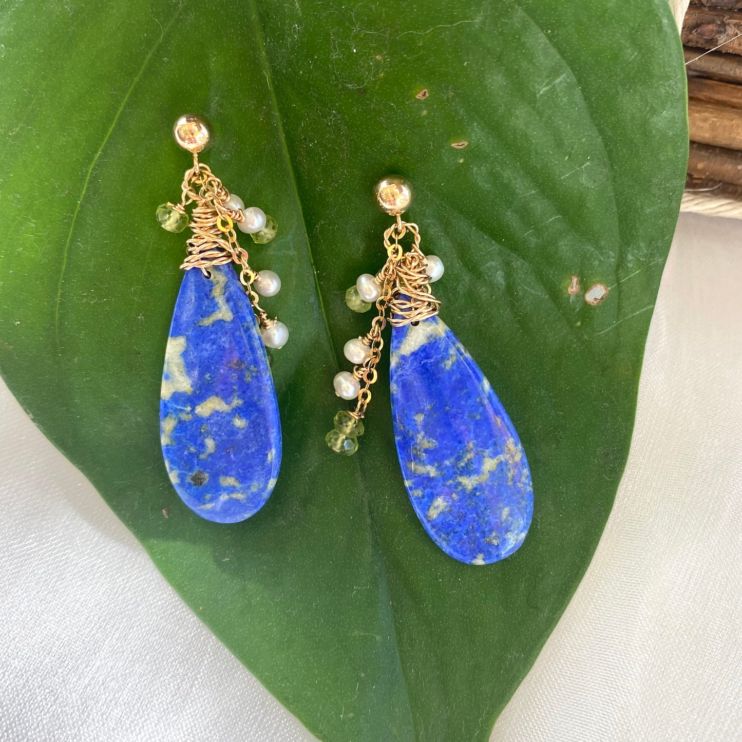 Lapis Lazuli Peridot Earrings – Teardrop 14k Gold Filled with unique lapis lazuli stones and natural peridot accents.