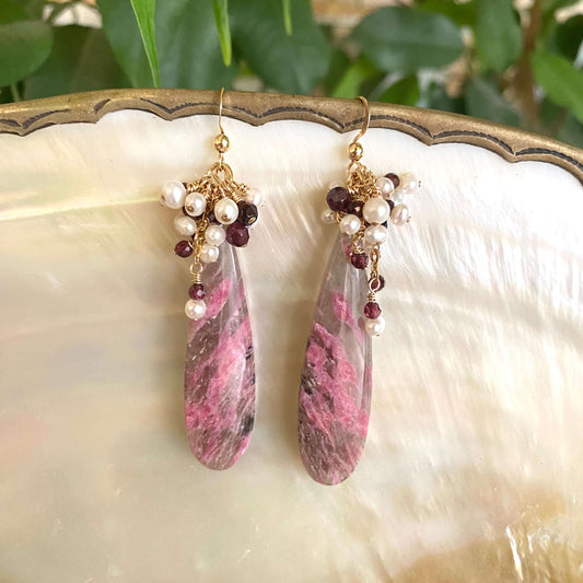 Pink rhodonite teardrop earrings with garnet and pearl on white pearl shell handmade in Canada