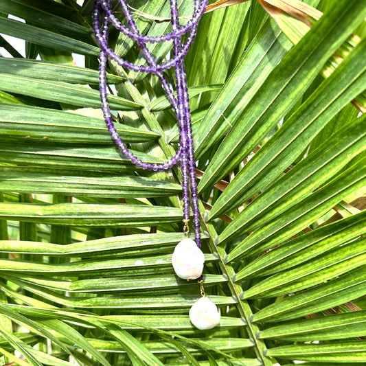 Amethyst pearl lariat necklace with faceted amethyst strand and white baroque pearls