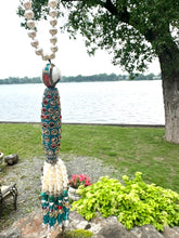 Load image into Gallery viewer, Bohemian Pearl Tassel Necklace with freshwater pearls and turquoise beads by the water
