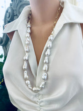 Load image into Gallery viewer, Angled view of baroque pearl gold chain necklace on mannequin — handcrafted statement jewelry with pearls and gold chain by Loulia Pearl Jewelry
