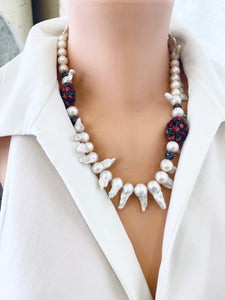 Baroque Pearl Jellyfish Necklace, Rhinestone and Red Coral