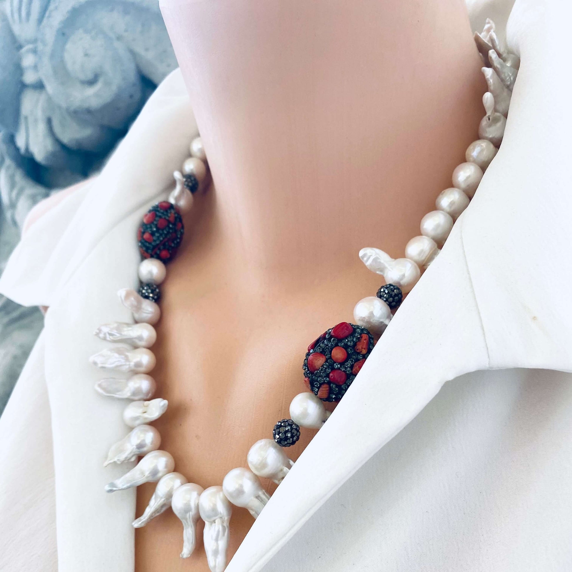 Baroque pearl jellyfish necklace red coral close up on mannequin handmade in Canada