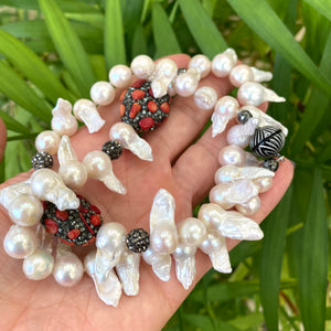 Baroque Pearl Jellyfish Necklace, Rhinestone and Red Coral