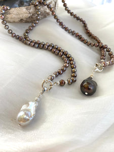 Bronze Pearls Necklace & White or Brown Removable Baroque Pearl Pendant