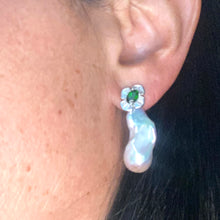 Charger l&#39;image dans la galerie, Green diopside baroque pearl drop earrings worn on woman’s ear — handcrafted gemstone and pearl jewelry by Loulia Pearl Jewelry
