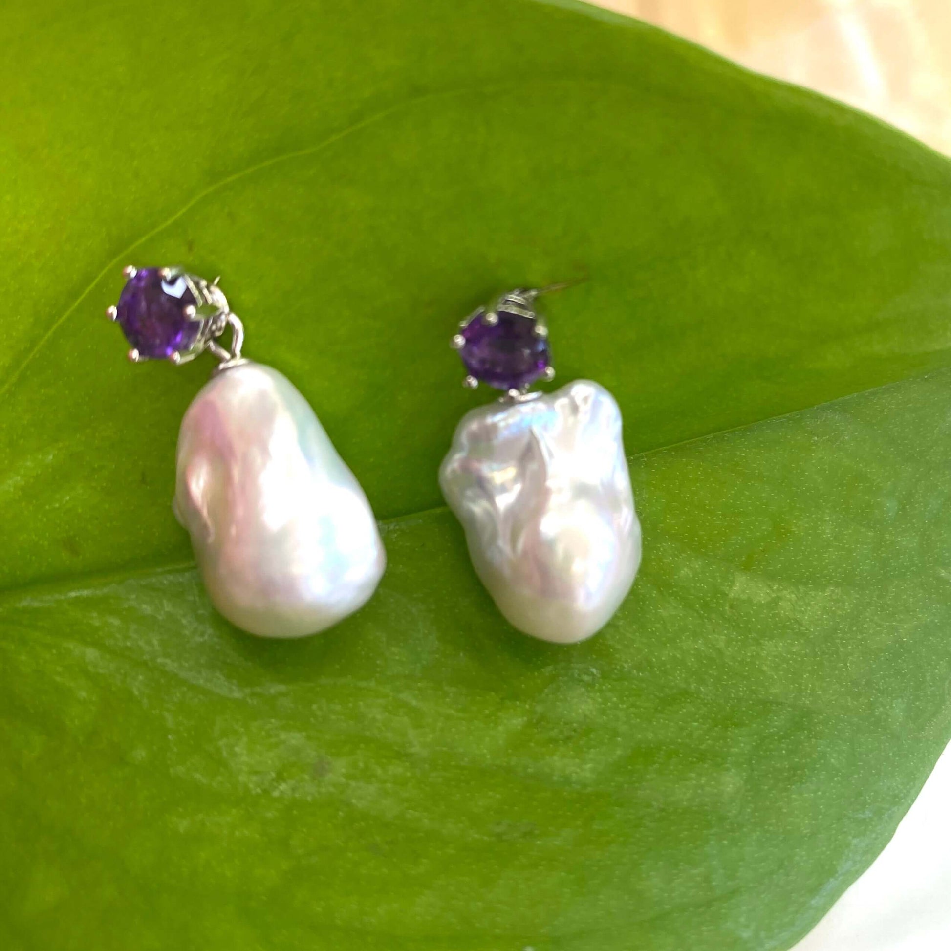 Baroque pearl drop earrings – peridot, amethyst, blue topaz with removable pearl drops and amethyst studs