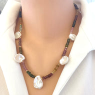 Multi tourmaline and keshi pearl necklace front view on mannequin, handcrafted gemstone jewelry.