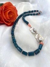 Charger l&#39;image dans la galerie, Blue Apatite, Pink Coral &amp; Baroque Pearl Necklace
