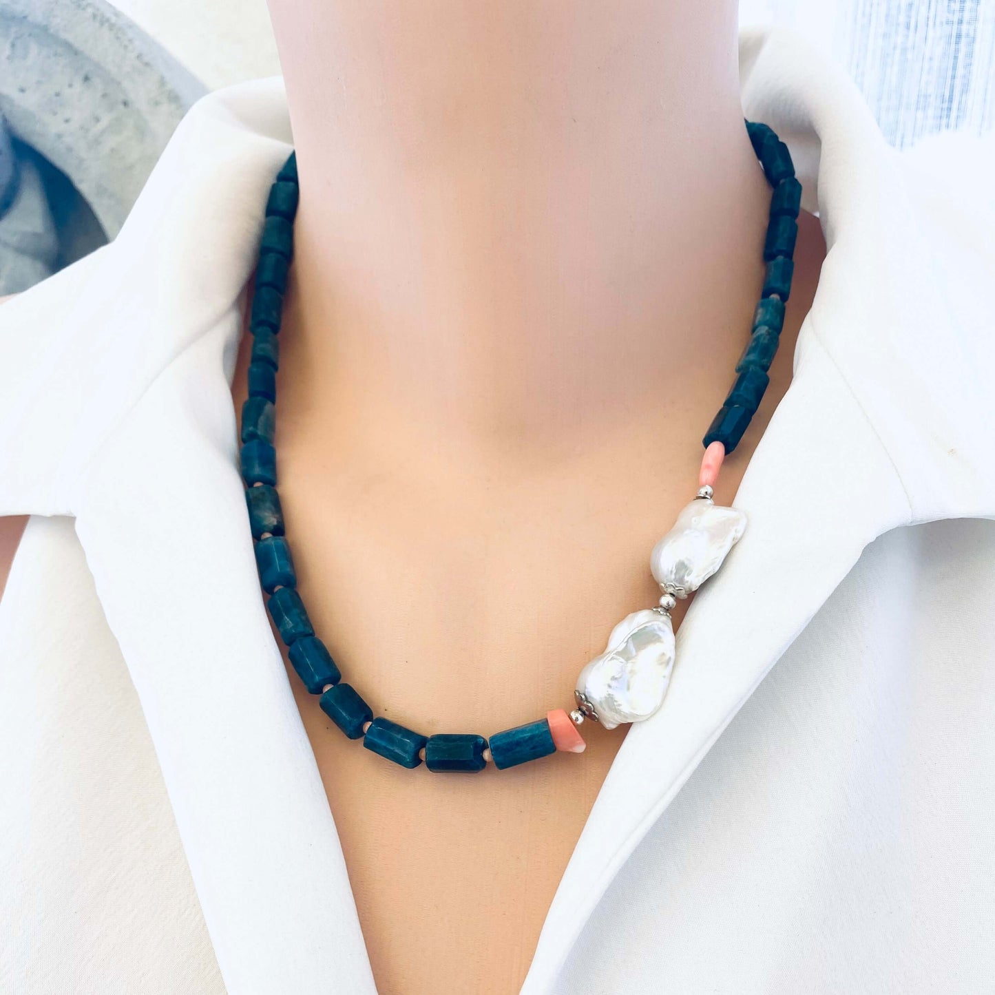 Blue apatite coral pearl necklace on mannequin front view — handcrafted gemstone jewelry featuring baroque pearls and coral accents by Loulia Pearl Jewelry