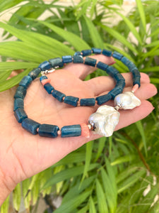 Blue Apatite, Pink Coral & Baroque Pearl Necklace
