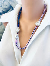 Load image into Gallery viewer, Angled view of lapis lazuli opal agate pearl necklace on mannequin — handcrafted gemstone necklace featuring opal, agate, and baroque pearls
