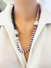 Load image into Gallery viewer, Lapis lazuli opal agate pearl necklace on mannequin — front view of handcrafted gemstone and baroque pearl jewelry by Loulia Pearl Jewelry
