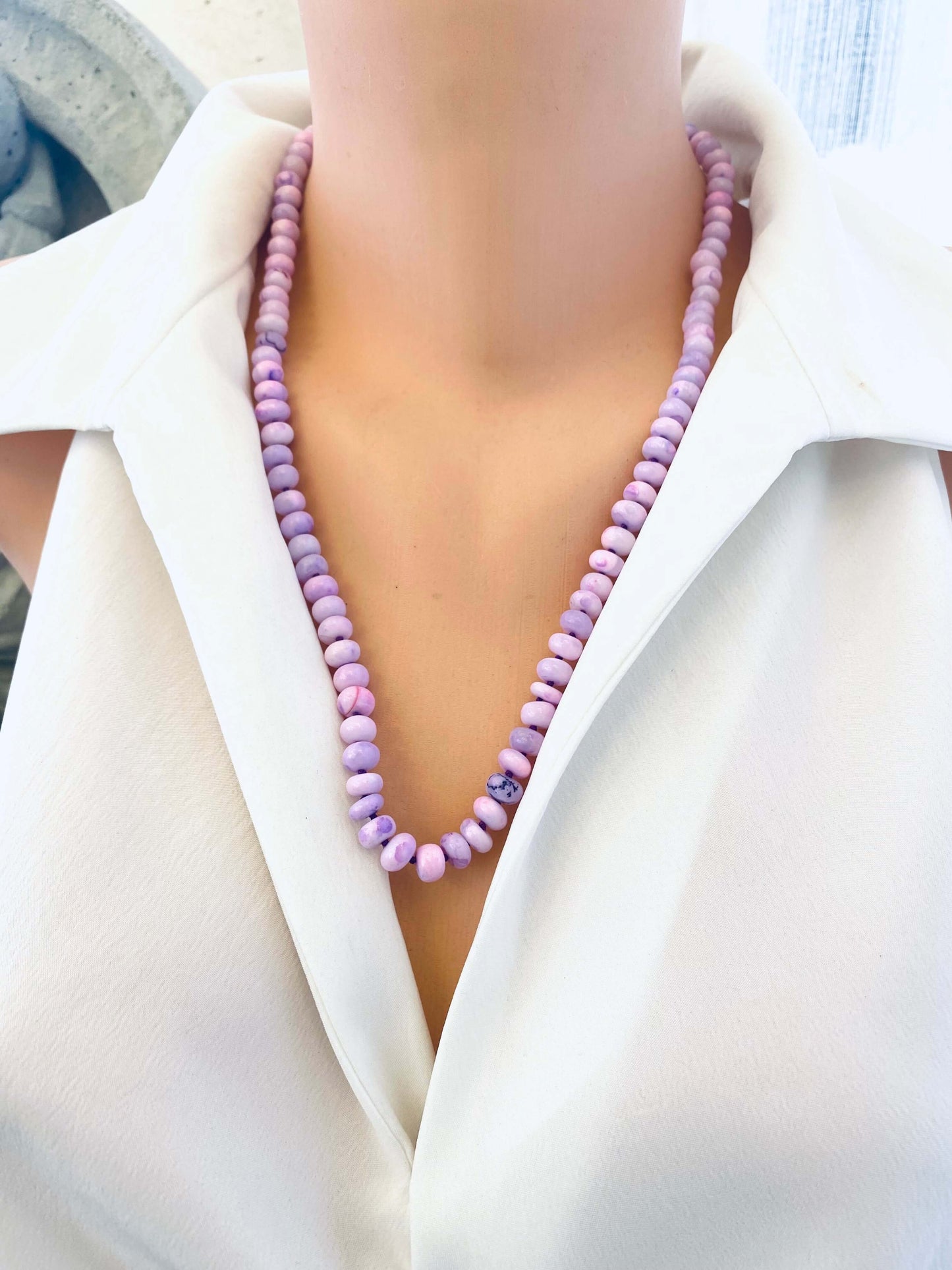 → Lavender opal necklace with pendant worn long single strand, elegant handmade design.