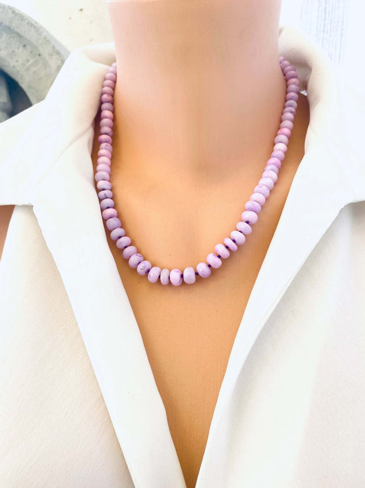 → Side view of lavender opal necklace with pendant in single strand style, handcrafted in Canada.