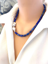 Load image into Gallery viewer, Side view of Lapis Lazuli Pink Rhodonite Baroque Pearl Necklace on mannequin — elegant handcrafted gemstone jewelry by Loulia Pearl Jewelry
