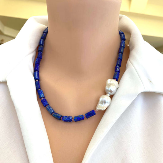 Lapis Lazuli Pink Rhodonite Baroque Pearl Necklace on mannequin — deep blue and pink gemstone necklace handcrafted by Loulia Pearl Jewelry