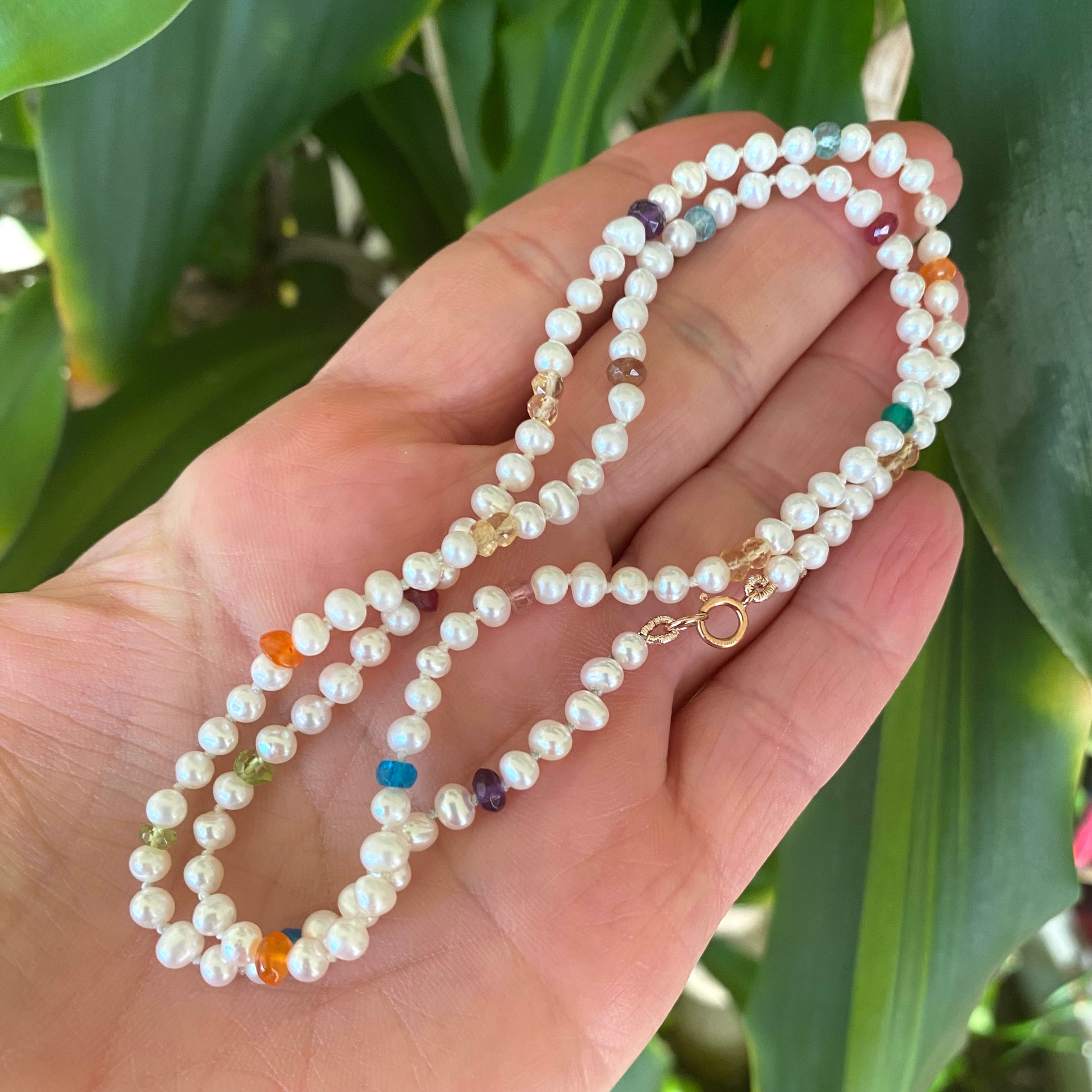 Rainbow gemstone pearl necklace with multi gemstones and freshwater pearls handmade in Canada