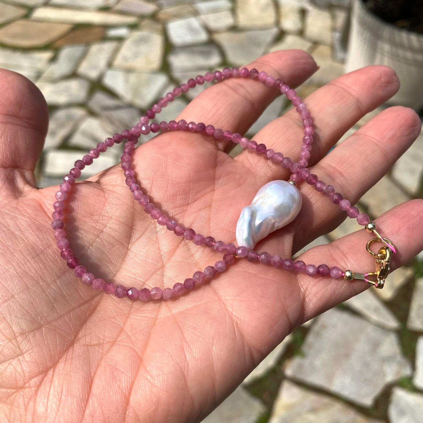 Pink Tourmaline Baroque Pearl Necklace | Handmade in Canada, featuring pink tourmaline beads and a baroque pearl.