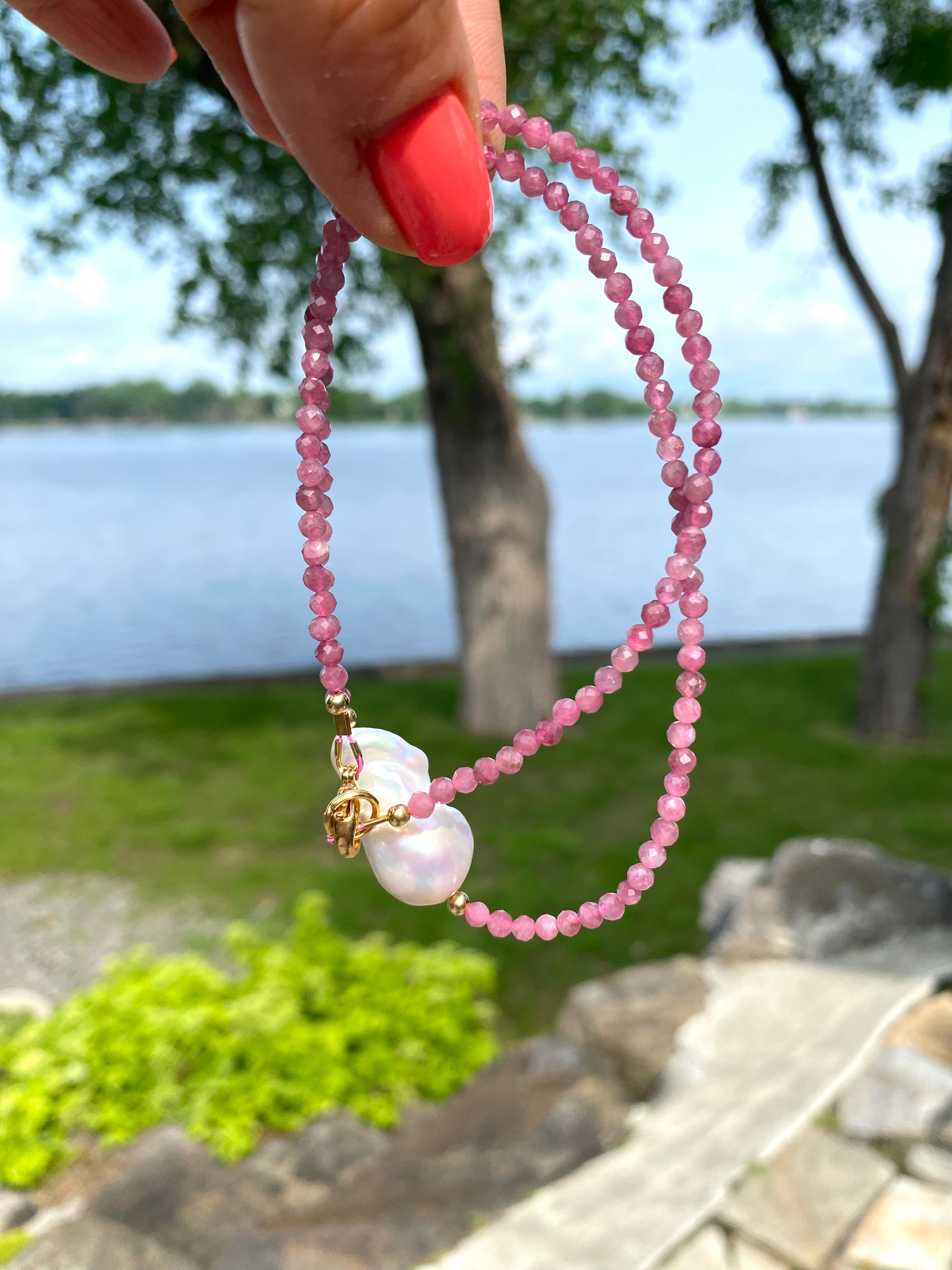 Pink Tourmaline Baroque Pearl Necklace handcrafted with pink tourmaline beads and baroque pearls, showcasing natural beauty.