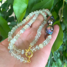 Charger l&#39;image dans la galerie, Prehnite and Black Baroque Pearl Necklace featuring translucent green prehnite beads and bold black baroque pearls.
