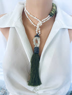 Boho Chic Pearl Tassel Necklace on mannequin — handcrafted pearl, jade, and druzy agate statement jewelry by Loulia Pearl Jewelry