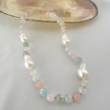 Load image into Gallery viewer, Morganite Aquamarine Pearl Necklace | Handcrafted Statement Design featuring soft hues and gemstones.
