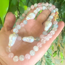 Load image into Gallery viewer, Morganite Aquamarine Pearl Necklace | Handcrafted Statement Design with pastel gemstones and luminous pearls.
