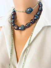 Load image into Gallery viewer, Green Prehnite and Black Baroque Pearls Lariat Necklace on a mannequin showcasing a blend of soft greens and lustrous blacks.
