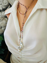 Load image into Gallery viewer, Angled view of Multi Tourmaline Baroque Pearl Lariat Necklace on mannequin — long handcrafted gemstone and pearl lariat by Loulia Pearl Jewelry
