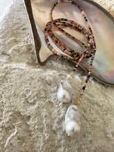 Load image into Gallery viewer, Close-up of Multi Tourmaline Baroque Pearl Lariat Necklace on white shell backdrop — colorful tourmaline and baroque pearls by Loulia Pearl Jewelry
