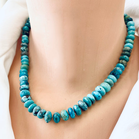 Turquoise candy necklace featuring Arizona turquoise rondelle beads in vibrant blue-green tones.