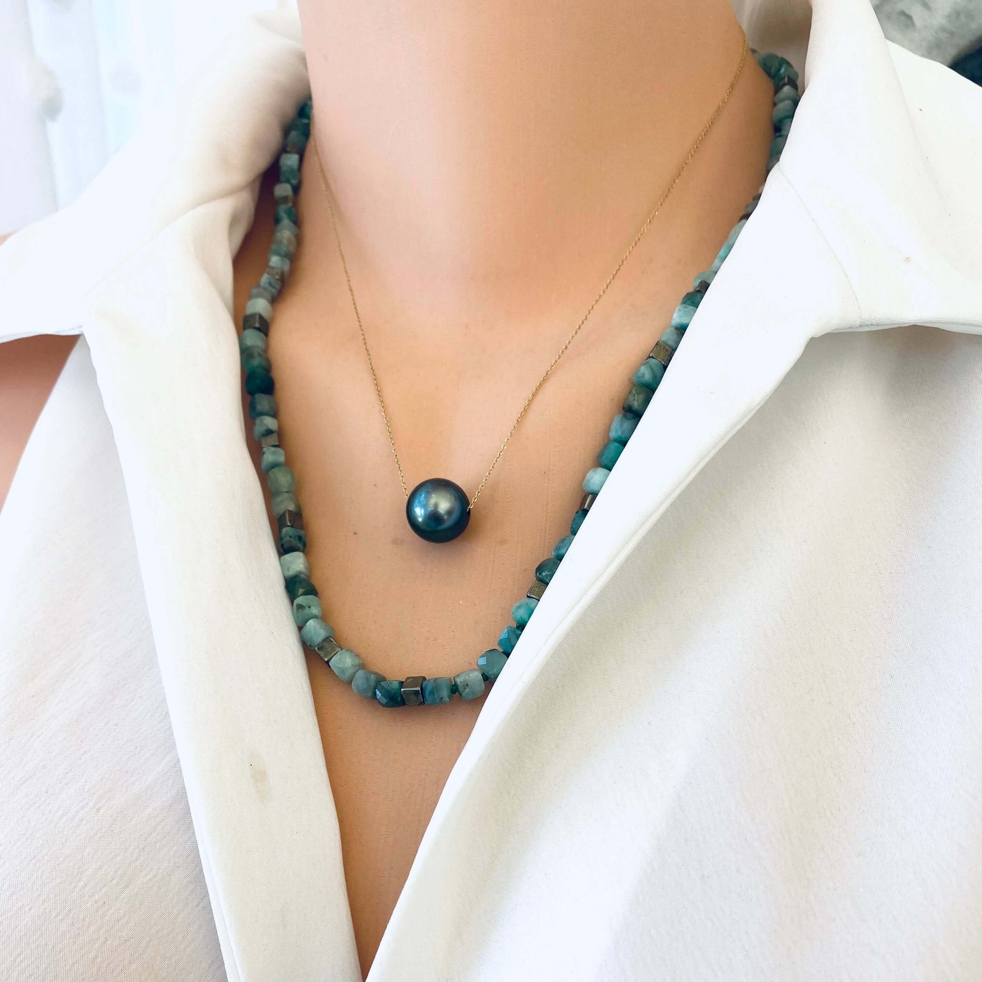Emerald Pyrite Candy Necklace | 22" Handcrafted Design showcasing vibrant emerald pyrite gemstones.