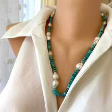 Load image into Gallery viewer, Arizona turquoise pearl necklace featuring genuine turquoise rondelle beads and pearls, elegantly displayed on a mannequin.

