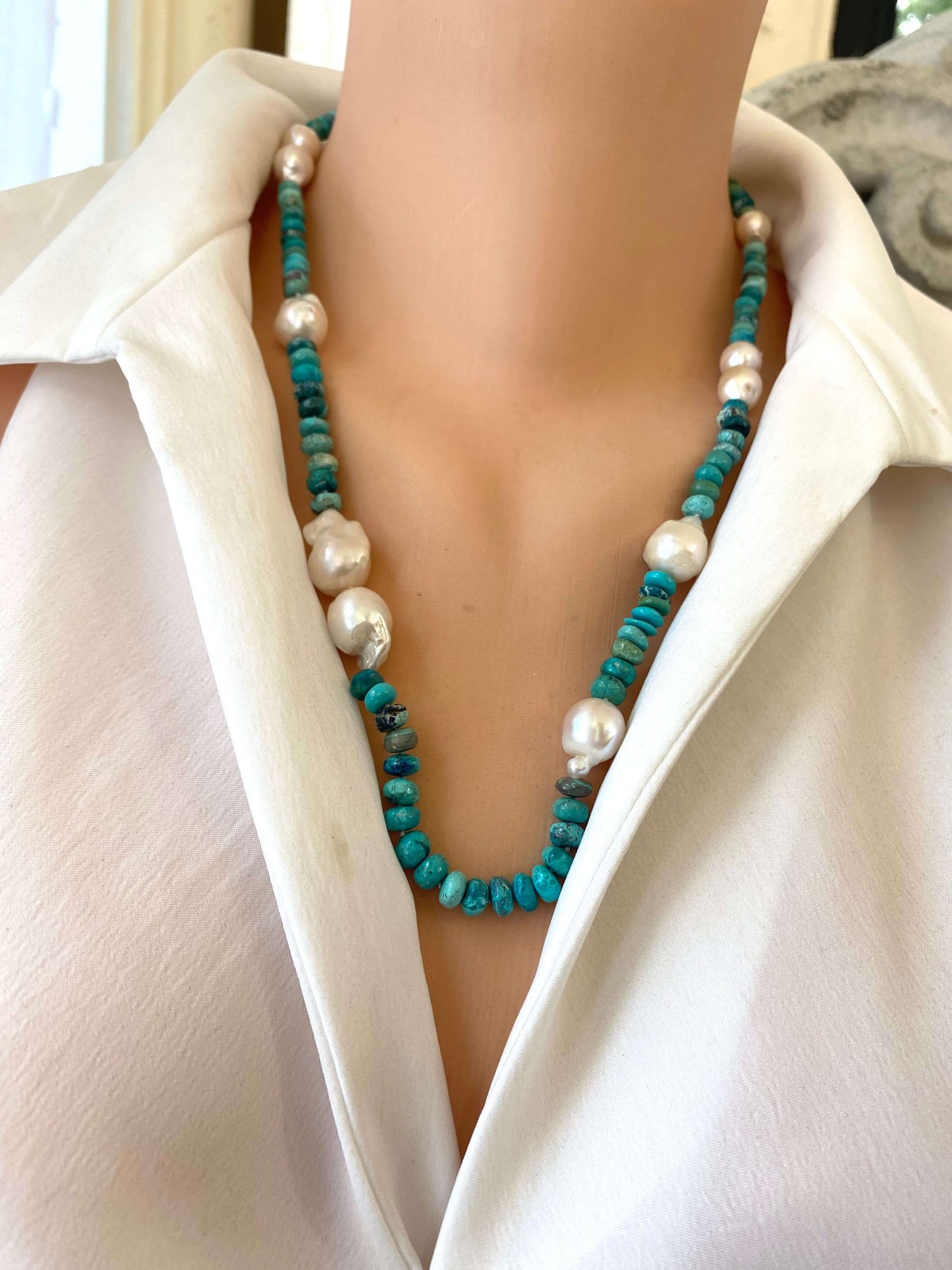 Arizona turquoise pearl necklace showcasing handcrafted baroque design with turquoise rondelle beads and pearls.