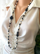 Labradorite Onyx Pearl Long Necklace displayed on mannequin, showcasing elegant design and handcrafted quality.