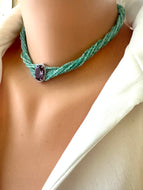 Amethyst Amazonite Choker Necklace – 8-Strand Twisted Gemstone Collar displayed on a mannequin model.