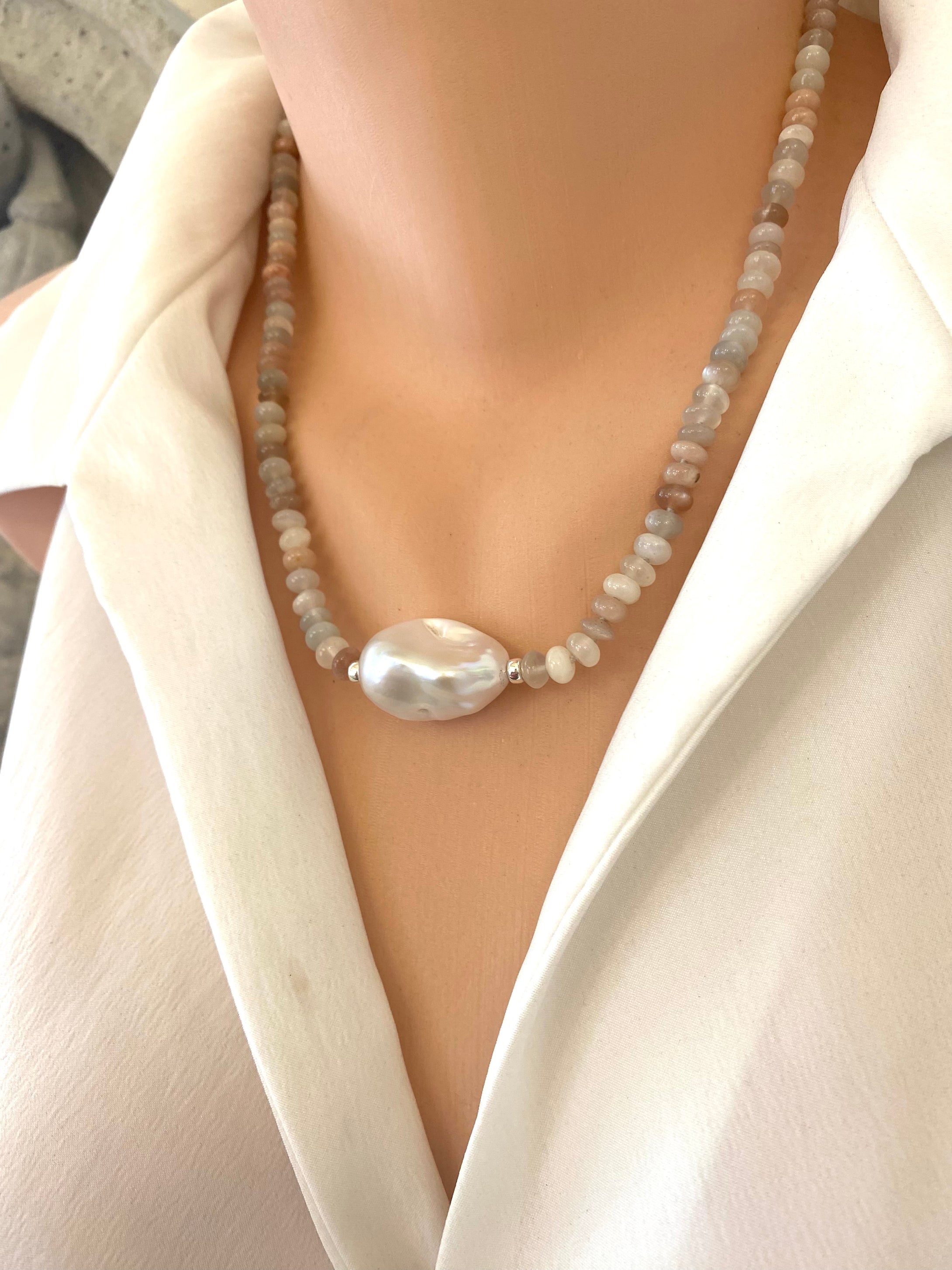 Moonstone and Baroque Pearl Necklace showcasing mixed moonstone rondelles and a baroque pearl center.
