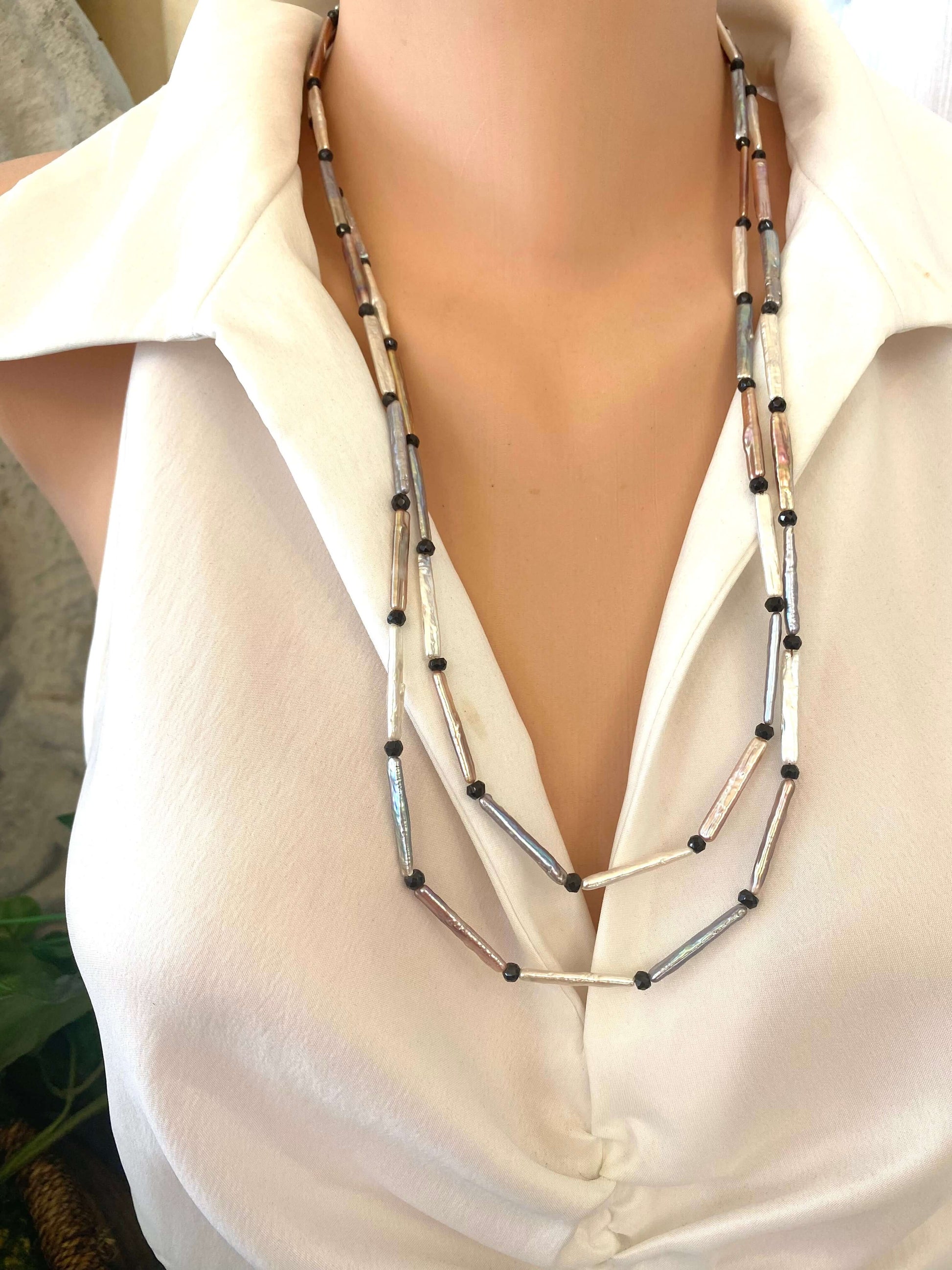 Pastel Stick Pearl Necklace featuring stick pearls and black spinel, showcasing modern elegance and handcrafted design.
