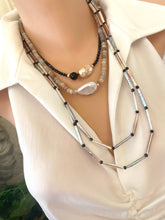 Load image into Gallery viewer, Pastel Stick Pearl Necklace showcasing stick pearls and black spinel beads on a model, handcrafted design in elegant colors.
