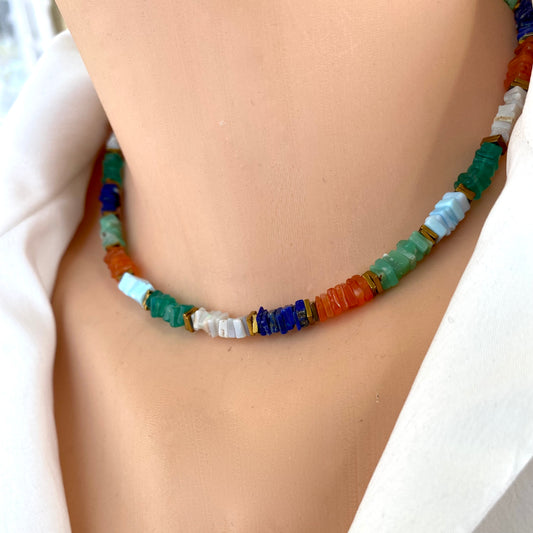 Mixed gemstone necklace with lapis lazuli and opal worn on model showing colorful heishi beads