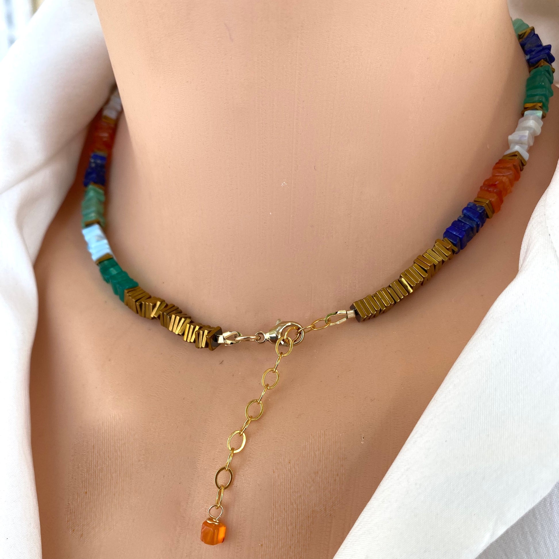 Mixed gemstone necklace with lapis lazuli and opal featuring gold filled clasp and extender chain